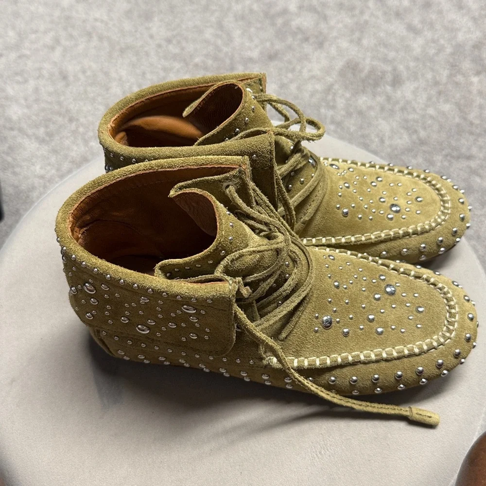Kids Studded Suede Moccasin Boots - Tan